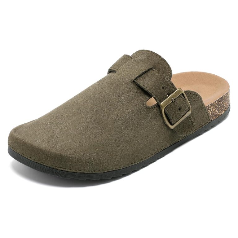 CKWLXQY Suede Clogs Women Unisex Leather Mules Men Soft Cork Footbed Adjustable Buckle Slip Closed Toe Sandals Potato Shoes with Arch Support