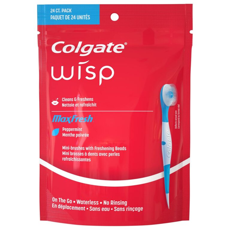 Colgate MaxFresh Wisp Disposable Mini Toothbrush, Built-in Freshening Bead, Peppermint Flavor for Instant Fresh Breath, No Water Required, Perfect for Travel and Braces, 24 Count