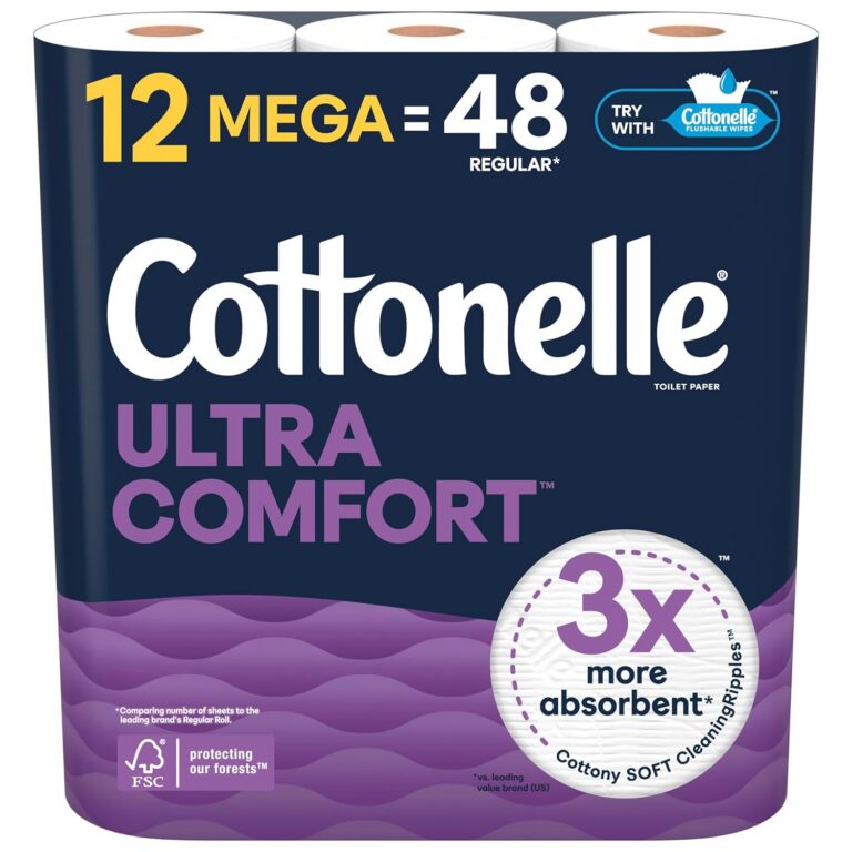 Cottonelle Toilet Paper, 12 Mega Rolls = 48 Regular Rolls, Ultra Comfort, Soft Bathroom Tissue, 244 Sheets per Roll, Packaging May Vary