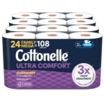 Cottonelle Toilet Paper, 24 Family Mega Rolls = 108 Regular Rolls (4 Packs of 6), Ultra Comfort, Soft Bathroom Tissue, 296 Sheets per Roll, Packaging May Vary