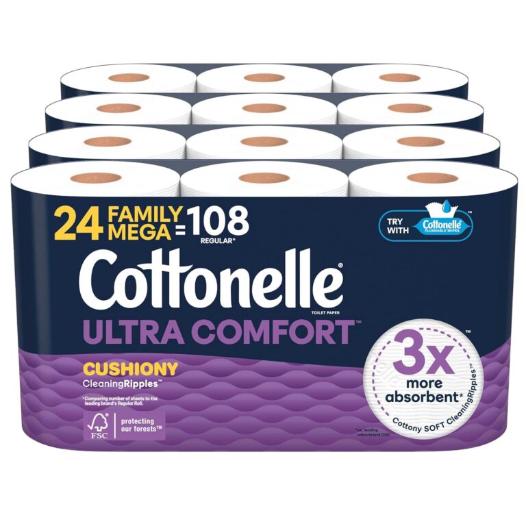 Cottonelle Toilet Paper, 24 Family Mega Rolls = 108 Regular Rolls (4 Packs of 6), Ultra Comfort, Soft Bathroom Tissue, 296 Sheets per Roll, Packaging May Vary