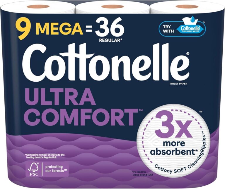 Cottonelle Toilet Paper, 9 Mega Rolls = 36 Regular Rolls, Ultra Comfort, Soft Bathroom Tissue, 244 Sheets per Roll, Packaging May Vary