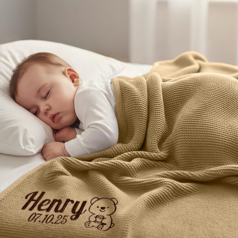 Custom Knit Blanket with Name for Baby Boys Girls, 100% Cotton Personalized Embroidered Blanket for Newborn, 32x40in Customized Blanket for Baby Shower Baby's First (Camel)
