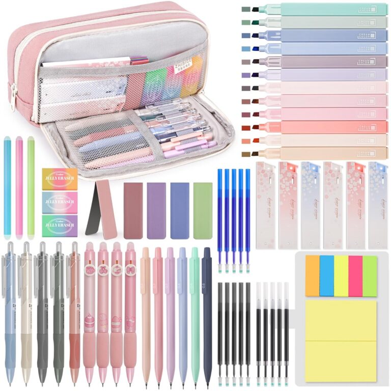 DazSpirit 61 PCS Aesthetic Stationery Supplies with Pen Case, 12 Pastel Highlighters, 4 Erasable Pens, 5 Gel Pens, 6 Mechanical Pencils, Stationery Set for Students, Note-taking...