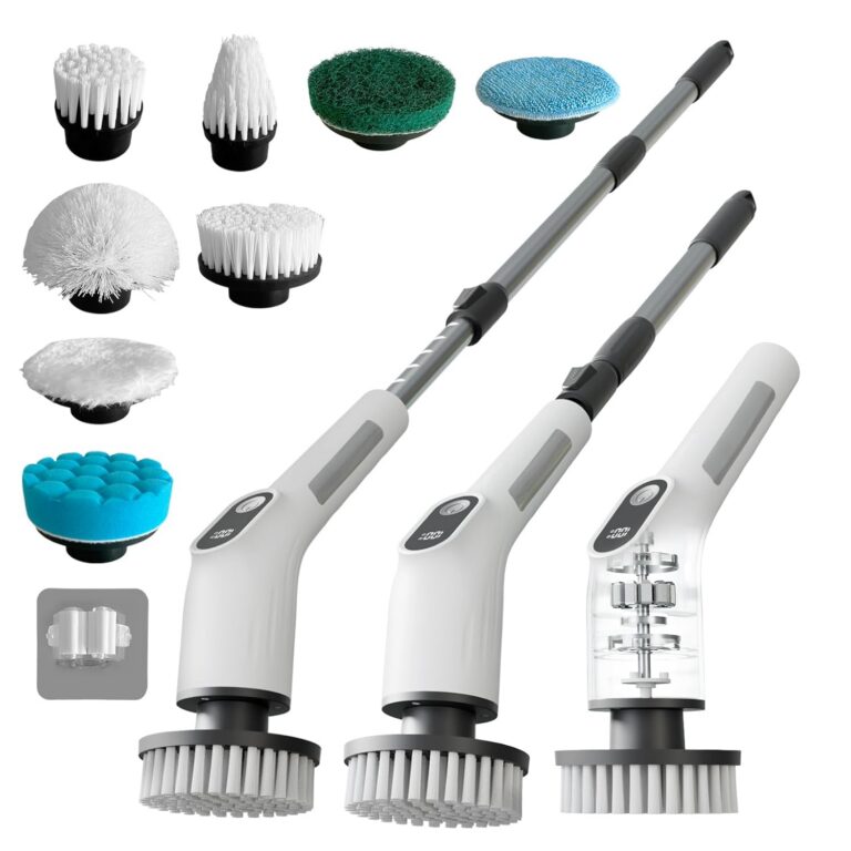 Depcler Electric Spin Scrubber with 4000mAh Battery, 380-500 RPM, 8 Replaceable Brush Heads, Adjustable Handle for Bathroom, Kitchen & Floor Cleaning