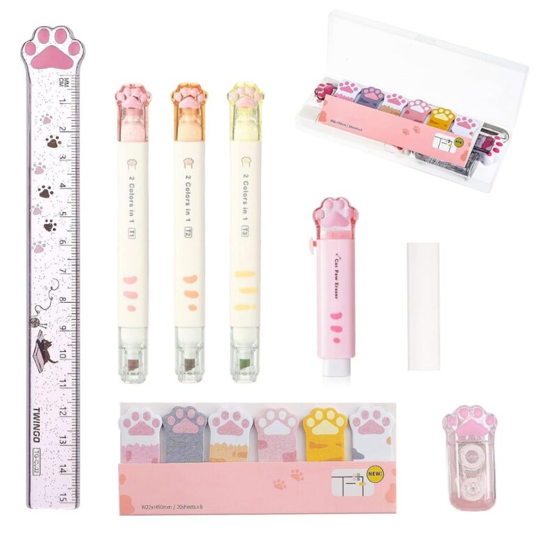 DJFOG 9-Piece Charming Cat Paw School Essentials Set - Complete Kawaii Stationery Collection for Students - Adorable Start-Up Kit - Ideal Gift for Girls