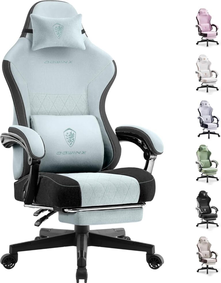Dowinx Gaming Chair Fabric with Pocket Spring Cushion, Ergonomic Computer Chair with Footrest, Gamer Chair for Adults, Home Office Game Chair with Massage Lumbar Support, Aqua