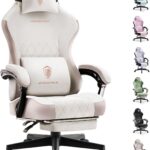 Dowinx Gaming Chair Fabric with Pocket Spring Cushion, Ergonomic Computer Chair with Footrest, Gamer Chair for Adults, Home Office Game Chair with Massage Lumbar Support(Beige...