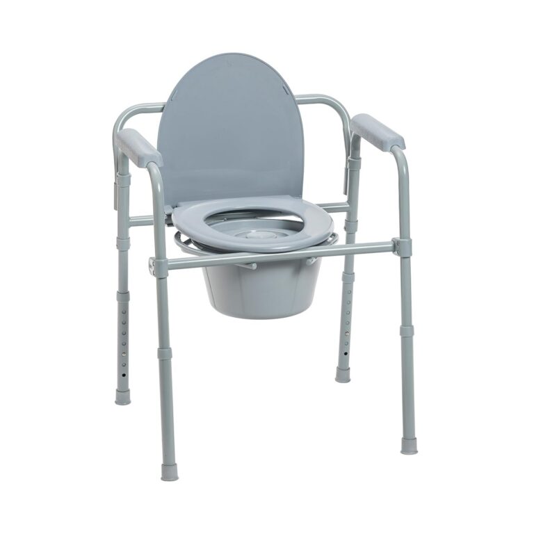 Drive Medical 11148-1 Folding Steel Bedside Commode Chair, Portable Toilet, Supports Bariatric Individuals Weighing Up To 350 Lbs, with 7.5 Qt. Bucket and 13.5 Inch Seat, Grey