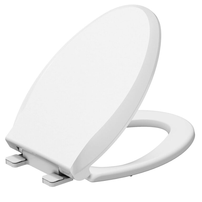 Durable Elongated Toilet Seat with Slow Soft Close - Easy to Install and Clean, Never Loosens - White, Fits Most Elongated Toilets