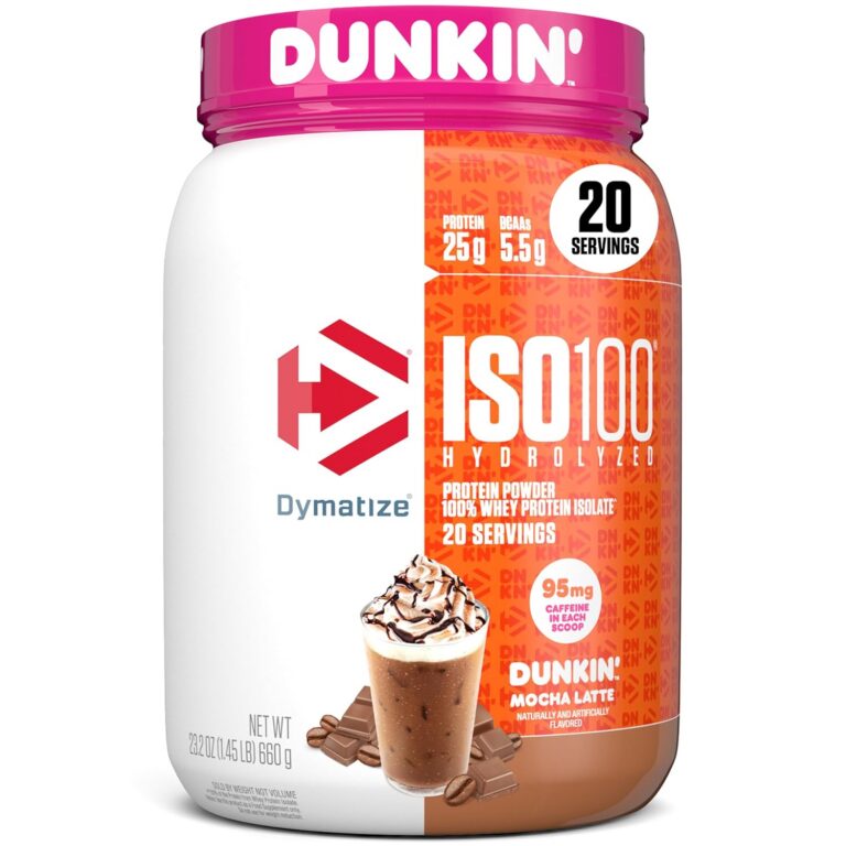 Dymatize ISO100 Hydrolyzed Protein Powder in Dunkin' Mocha Latte Flavor, 100% Whey Isolate Protein, 25g Protein, 95mg Caffeine, 5.5g BCAAs, Gluten Free, Fast Absorbing, Easy...