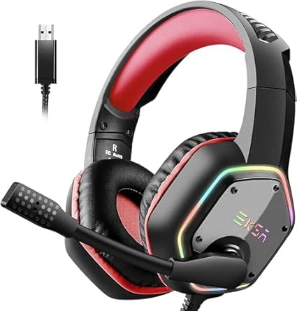 EKSA E1000 USB Gaming Headset for PC - Wired Computer Headphones with Noise Canceling Mic & RGB Light, 7.1 Surround Stereo Sound, Over Ear Gaming Headphones for PC, PS4/PS5...