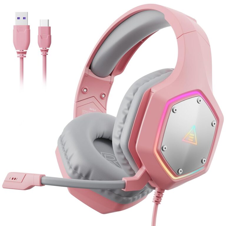 EKSA USB Gaming Headset, Wired Headphones with Noise Cancelling Microphone, RGB Light, Plug & Play 7.1 Surround Sound (Pink)