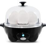Elite Gourmet EGC-007B# Rapid Egg Cooker, 7 Easy-To-Peel, Hard, Medium, Soft Boiled Eggs, Poacher, Omelet Maker, Auto Shut-Off, Alarm, 16-Recipe Booklet, BPA-Free, Black