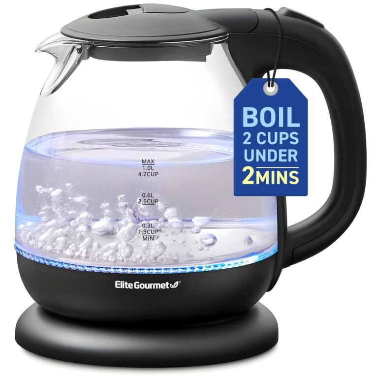 Elite Gourmet EKT1001 Electric BPA-Free Glass Kettle, Cordless 360° Base, Stylish Blue LED Interior, Handy Auto Shut-Off Function – Quickly Boil Water For Tea & More, Black, 1L