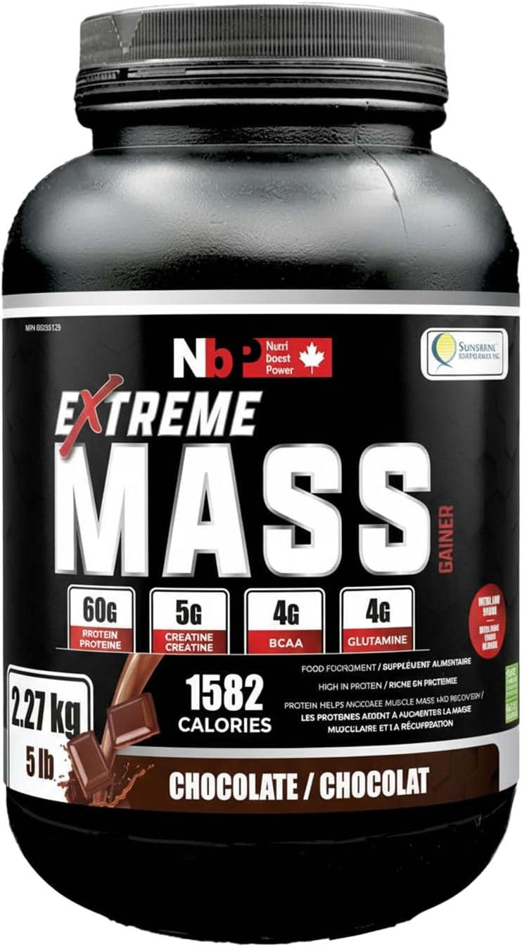 Extreme Mass gainer muscle builder, 5 lbs (2.27 kg) low sugar high calories for intense workouts (Chocolate)