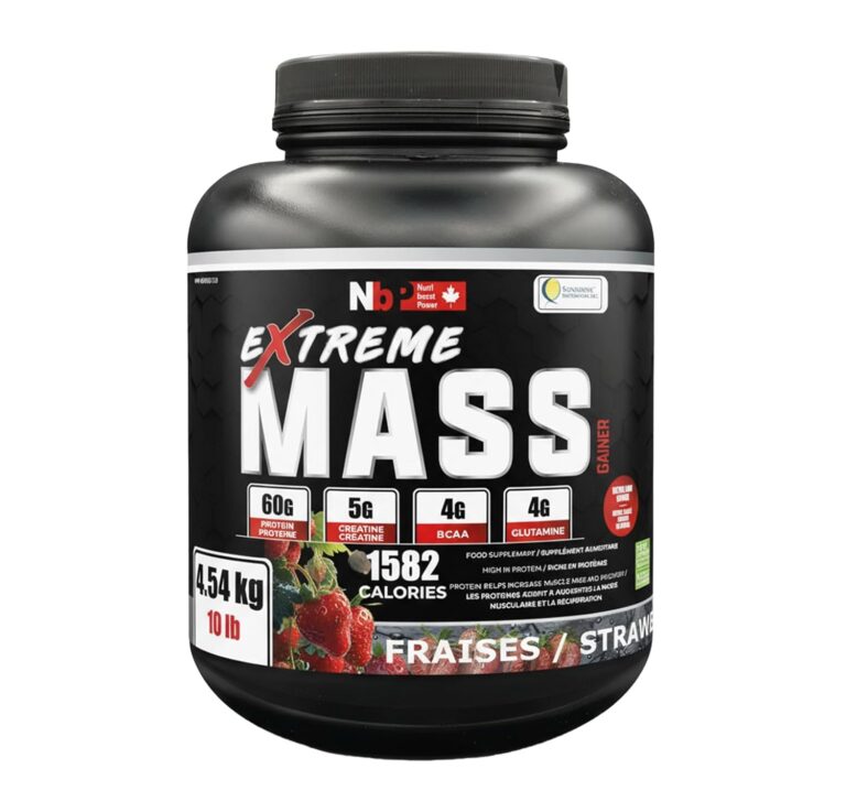 Extreme Mass weight gainer muscle builder, 10 lbs (4.54 kg) with less sugar for intense workout training made of high calorie fortified whey protein (Strawberry)
