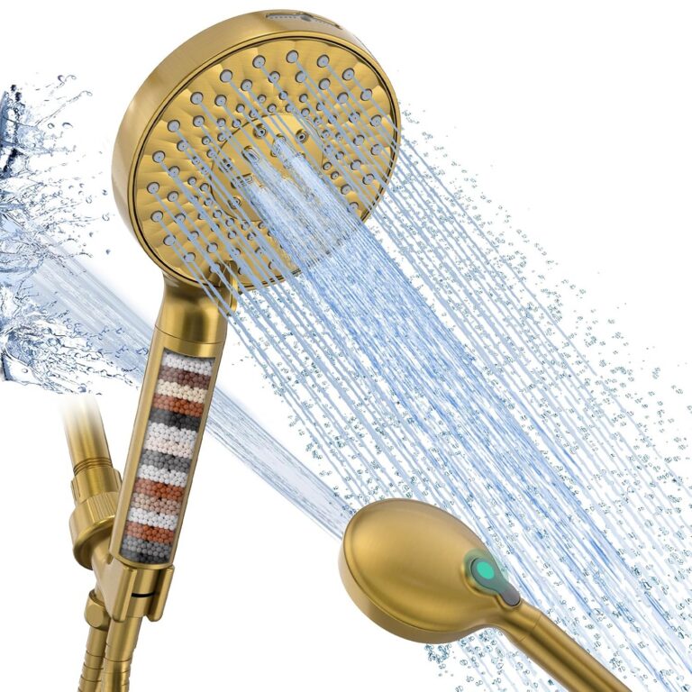 Filtered Shower Head with Handheld, High Pressure 9 Spray Mode Brushed Gold Showerhead with Filters, Detachable Shower Head, Water Softener Filters Beads for Hard Water - Remove...