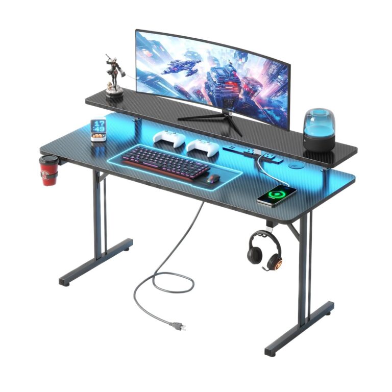 Flrrtenv 39 Inch Small Gaming Desk, Computer Desk with LED Lights & Power Outlets, Carbon Fiber Gaming Table with Full Monitor Stand, Gamer Desk with Headphone Hook,Metal Frame,...