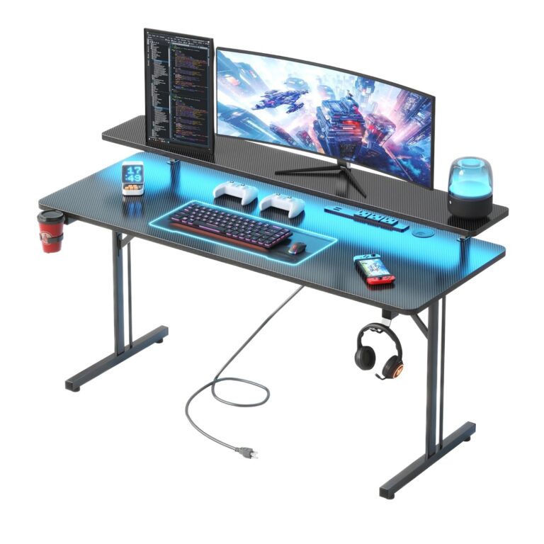 Flrrtenv 47 Inch Small Gaming Desk, Computer Desk with LED Lights & Power Outlets, Carbon Fiber Gaming Table with Full Monitor Stand, Gamer Desk with Headphone Hook,Metal Frame,...