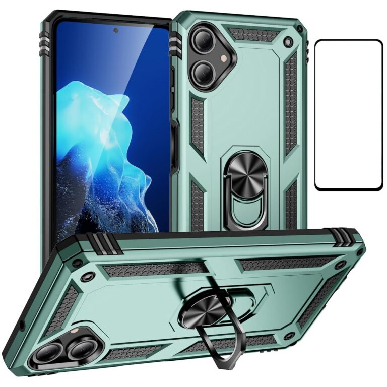 for Samsung Galaxy A06 Case with Screen Protector,Ring Kickstand Military Protective Shockproof Defender Armor Dual Layer Protection Back Cover Phone Case for Samsung A06 (Green)