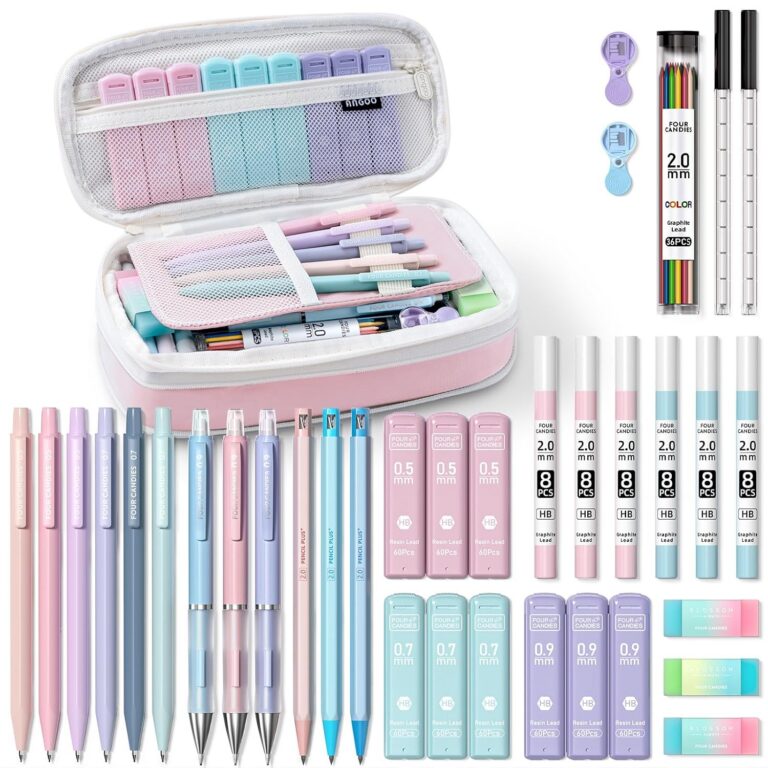 Four Candies 36PCS Aesthetic School Supplies with Pencil Case, Mechanical Pencils 0.5mm, 0.7mm, 0.9mm & 2.0mm with 624PCS Lead Refills, Cute Mechanical Pencils for Writing,...