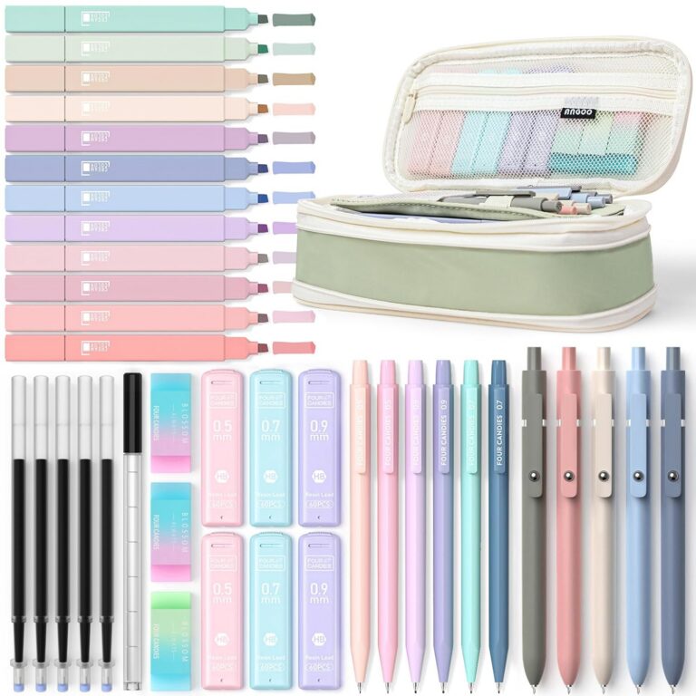 Four Candies 39 PCS Aesthetic School Supplies with Cute Pen Case, 12 Pastel Highlighters, 5 Black Ink Gel Pens, 6 Mechanical Pencils Set 0.5 & 0.7 mm for Students Stationary...