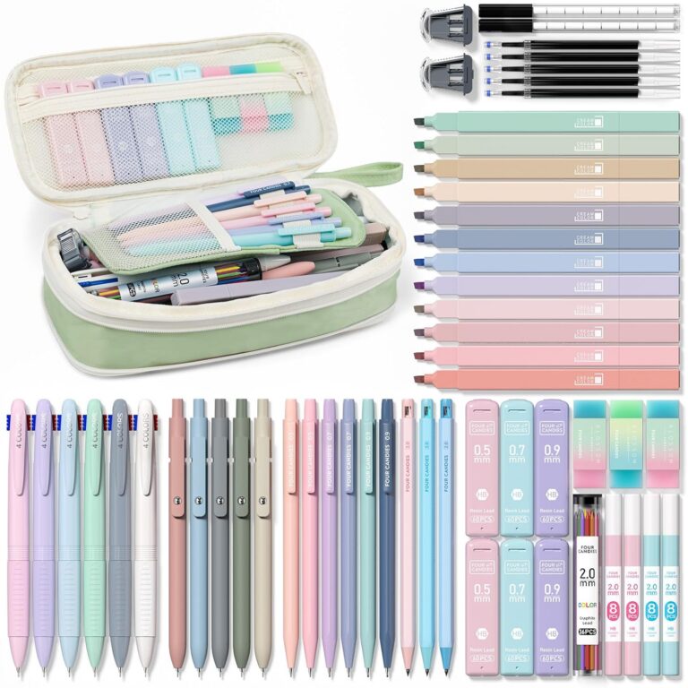 Four Candies 56 PCS Aesthetic School Supplies with Pencil Case, 6 Multicolor Pen, 12 Pastel Highlighters, 5 Gel Pens Black Ink, 9 Mechanical Pencils for Student Stationary Set...