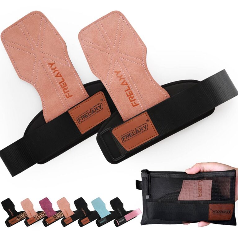Frelaxy Weight lifting Grips Women, Weightlifting Wrist Straps with Cushion Wrist Loop, Double Layer Leather, and Storage Pouch, Women Gym Gloves for Deadlift and Powerlifting