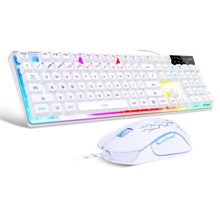 Gaming Keyboard and Mouse Combo, MageGee K1 RGB LED Backlit Keyboard with Transparent Cover, 104 Keys Computer Gaming Keyboard and 7 Colors LED Gaming Mouse for PC/Laptop(White)
