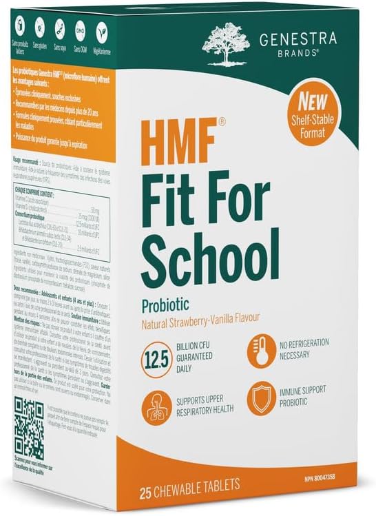 Genestra Brands HMF Fit for School (Shelf-Stable) - Kids Probiotic - With Vitamin C & D3 - Gut Health, Immune Support, Bone Health - Dairy Free & Gluten Free - 25 Chewable Tablets