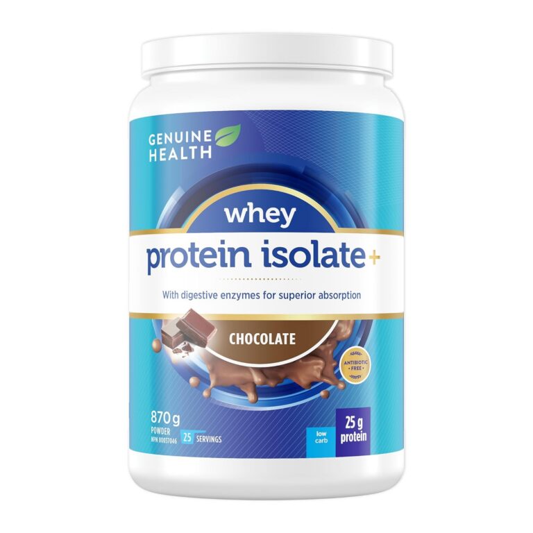 Genuine Health Whey Isolate, 25 servings, 870g tub, 25g of protein, Pre and post-workout fuel made with digestive enzymes for optimal absorption, Natural Chocolate flavour,...