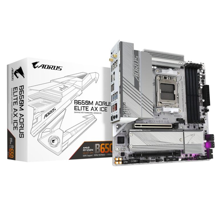 GIGABYTE B650M AORUS Elite AX ICE AM5 LGA 1718 AMD B650 M-ATX Motherboard with 5-Year Warranty, DDR5, 2* M.2, PCIe 5.0, USB 3.2 Gen2X2 Type-C, 2.5GbE LAN, Q-Flash Plus, EZ-Latch