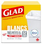 Glad White Garbage Bags - X-Small 15 Litres - Febreze Fresh Clean Scent, 52 Trash Bags, Made in Canada of Global Components
