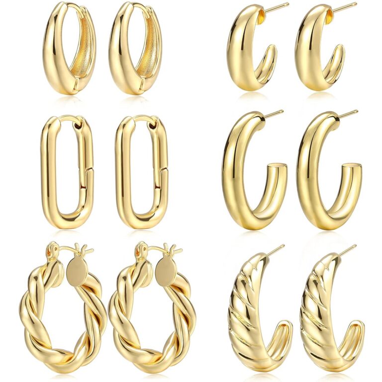 Gold Hoop Earrings Set for Women, 14K Gold Plated Lightweight Hypoallergenic Chunky Open Hoops Set for Gift