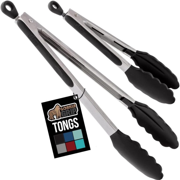 GORILLA GRIP Stainless Steel Silicone Cooking Tongs, Set of 2, Includes 9 and 12 Inch Locking Kitchen Tong, Heat Resistant Tip, Strong Grip for Grabbing Food, Perfect for...