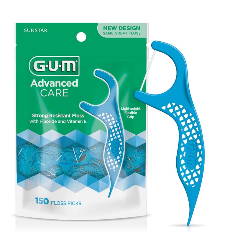 GUM Advanced Care Flosser Picks, Infused with Vitamin E & Fluroide, Fresh Mint Flavour, Blue, 150 Flossers (1 Bag)