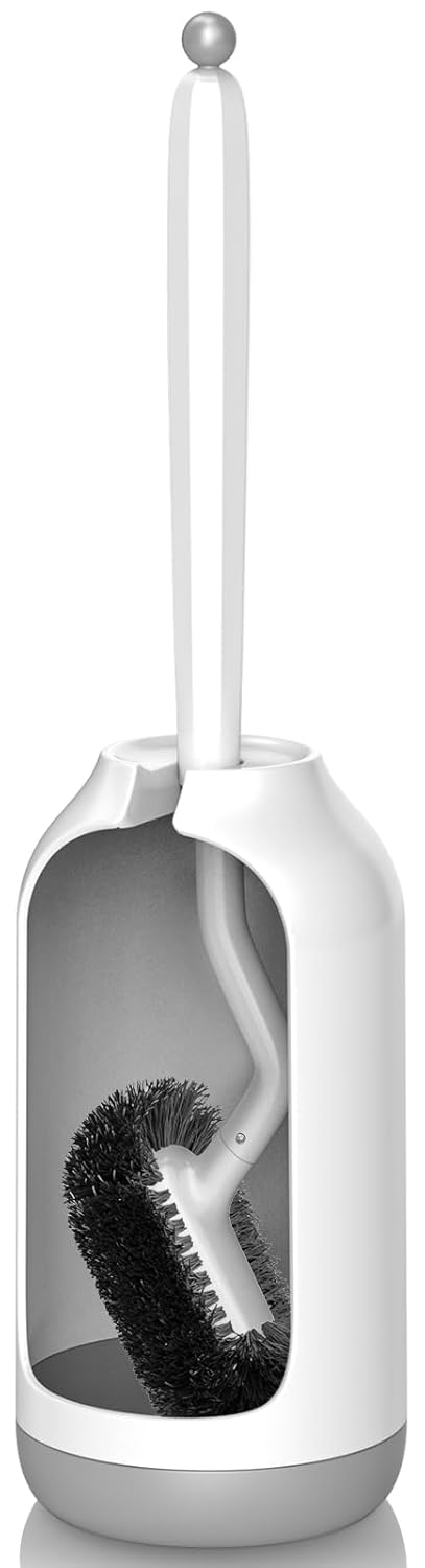 HAMITOR Toilet Brush and Holder Set: Curved Design Bathroom Toilet Bowl Cleaner Brush for Deep Cleaning Under Rim- Flexible Bristles Toilet Scrubber with Long Handle- Modern...