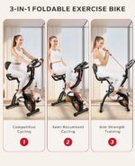 HAPBEAR Folding Exercise Bike Magnetic Foldable Stationary Bike, 3 in 1 Mode Indoor Upright Fitness Workout X-Bike with 8-Level Resistance and Arm Resistance Band, Pulse...