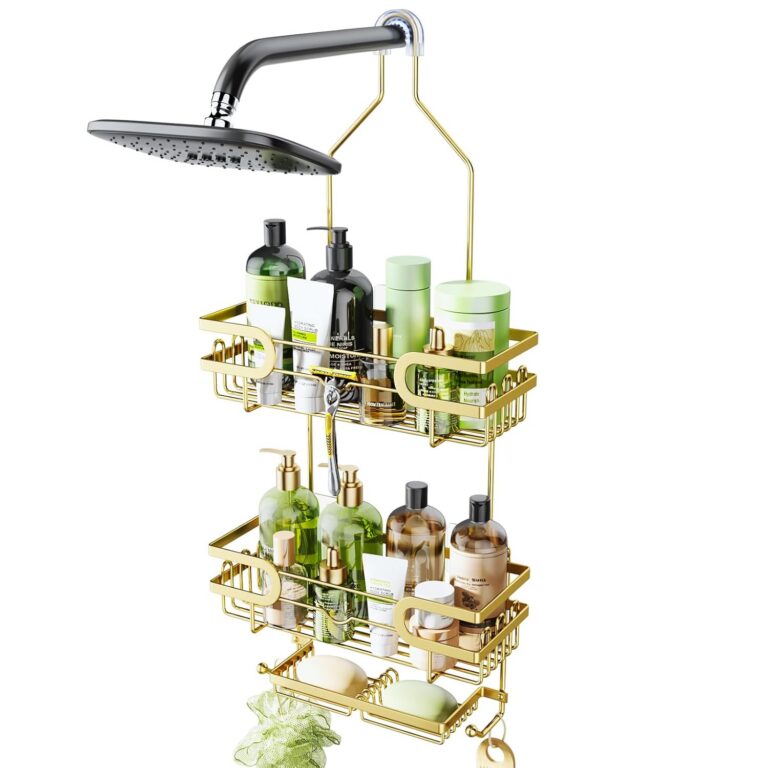 HapiRm Shower Caddy over Shower Head with 2 Soap Holders, Rustproof & Waterproof Hanging Bathroom Organizer with 12 Hooks, No Drilling Hanging Bathroom Shelf - Golden