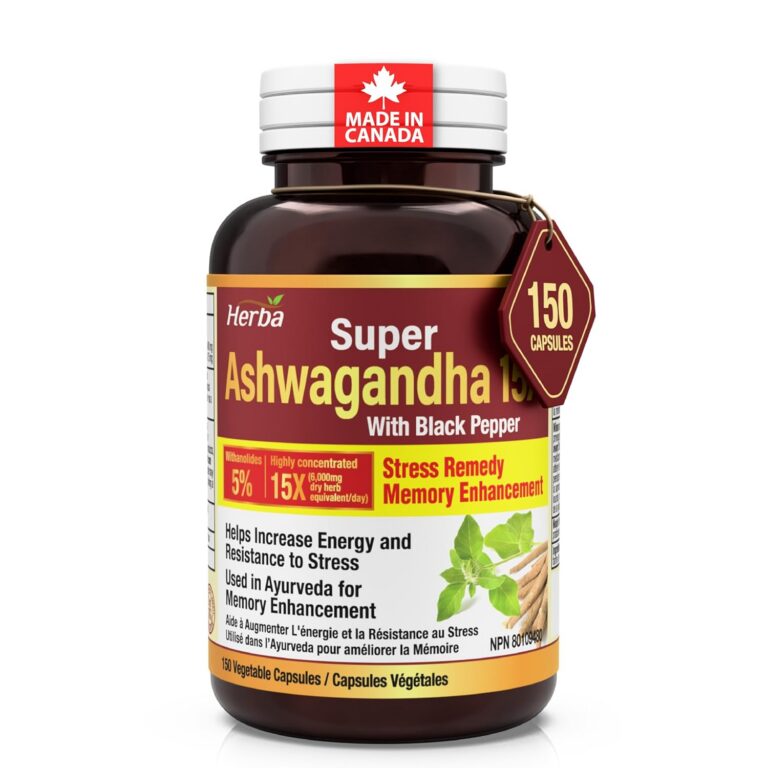 Herba Ashwagandha Supplement - 150 Capsules | 6000mg Per Day | 15:1 Extra Strength Ashwagandha Capsule with Black Pepper | Adaptogen for Energy & Stress | Made in Canada