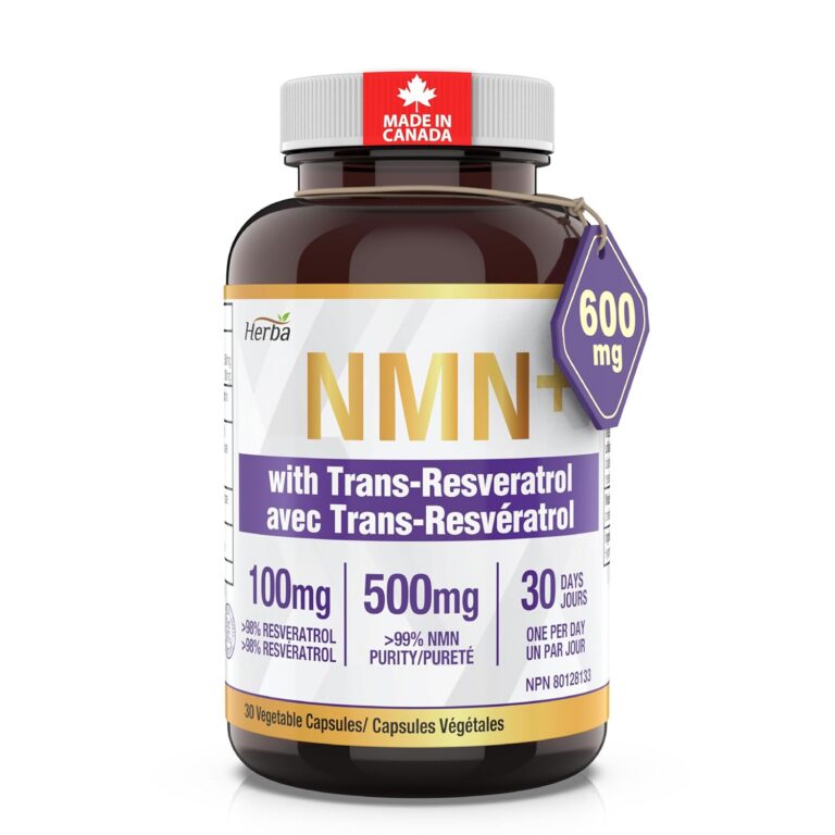 Herba NMN Supplement with Resveratrol – 500mg + 100mg | 100% Purity β-NMN & >99% Resveratrol | NAD Supplement Canada Made | NAD+ Booster | 30 Capsules