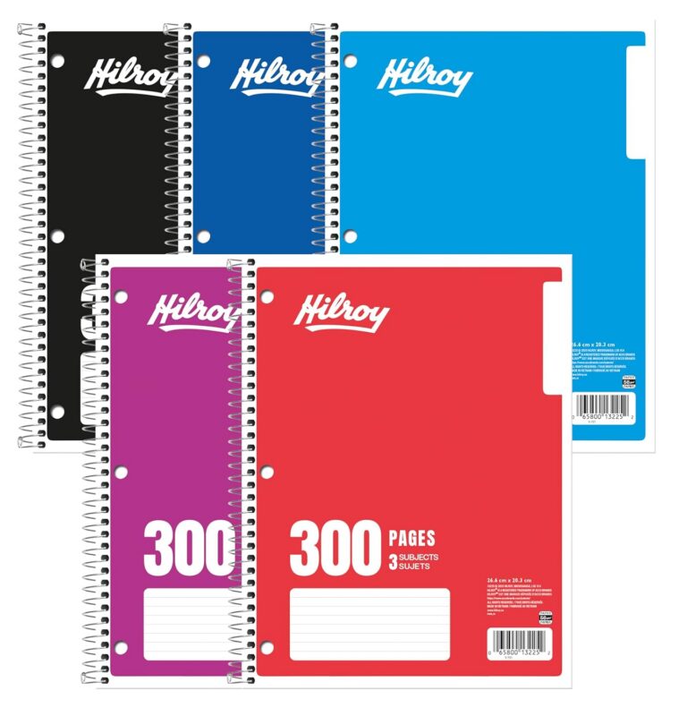 Hilroy 3-Subject Coil Notebook, 8" x 10.5", Wide Ruled, 3-Hole Punched, 300 Pages/150 Sheets, 1 Notebook, Colour May Vary (13225)