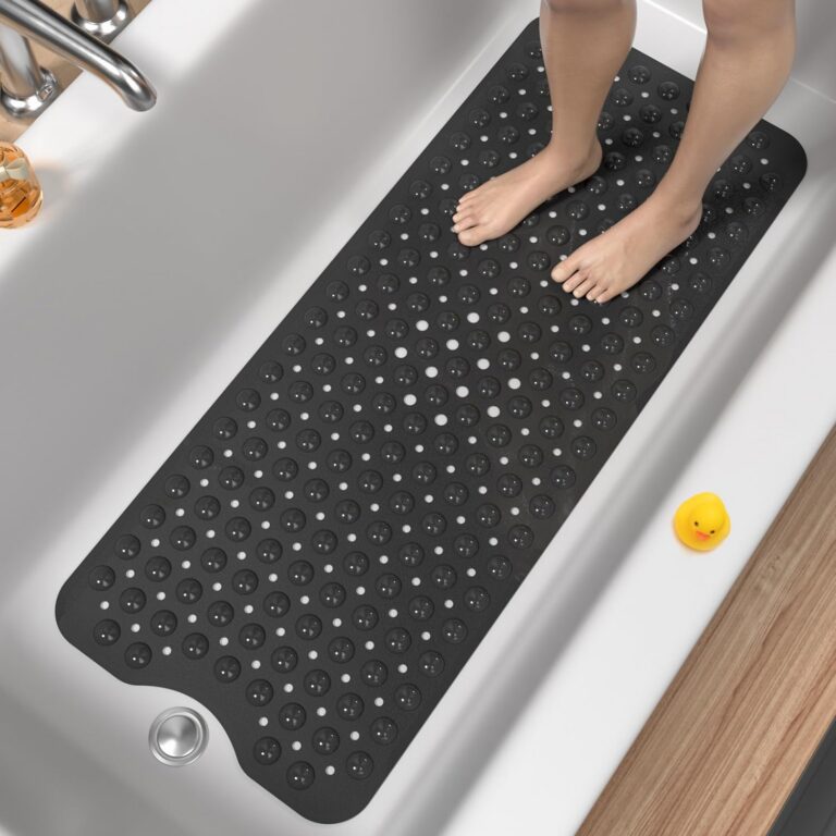 HITSLAM Bath Mat for Tub, Non Slip Bathtub Mat, 101x40cm Extra Long Bath Tub Mat, Machine Washable Bathroom Shower Mat with Suction Cups and Drain Holes, Soft on Feet, Black