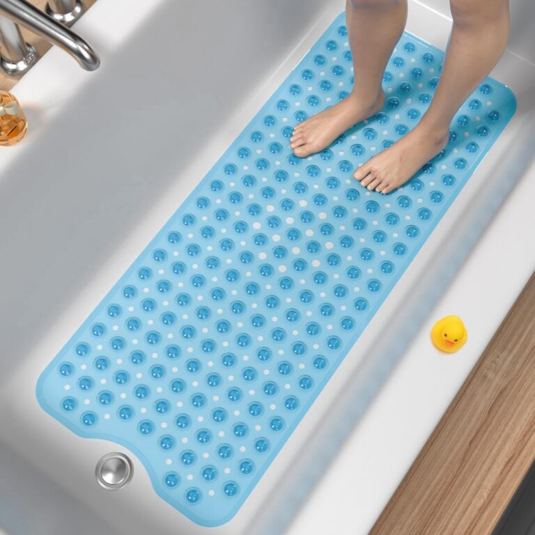 HITSLAM Bath Mat for Tub, Non Slip Bathtub Mat, 101x40cm Extra Long Bath Tub Mat, Machine Washable Bathroom Shower Mat with Suction Cups and Drain Holes, Soft on Feet, Clear Blue