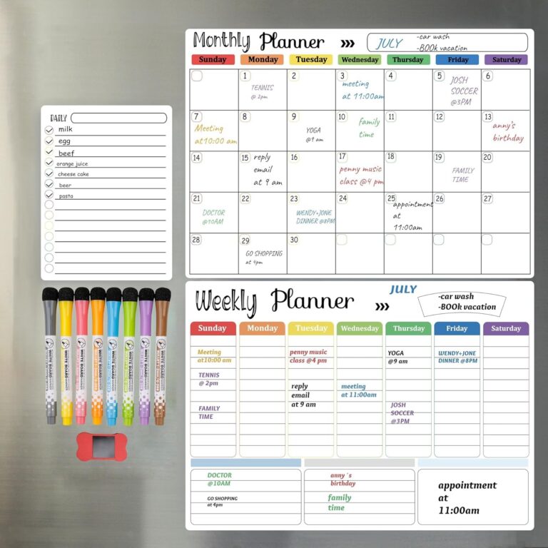Hivillexun Magnetic Dry Erase Calendar Whiteboard Set (3-Pack) for Fridge, Wall, and Home Organization with Monthly, Weekly & Daily Planners, Includes 8 Markers & 1 Eraser