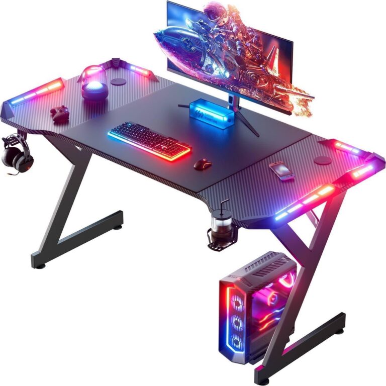 HLDIRECT 47 Inch Gaming Desk with LED Lights, Home Office Gamer Desk, Ergonomic Computer Table with Large Carbon Fiber Desktop, Computer Desk with Cup Holder & Headphone Hook...