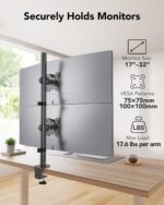 HUANUO Vertical Dual Monitor Mount for 17–32 Inch Screens, 17.6 lbs Capacity Each, Extra Tall Stacked Monitor Stand with Height Adjustment and C-Clamp,Gaming Monitor Arm