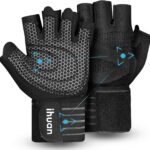 ihuan Ventilated Weight Lifting Gym Workout Gloves with Wrist Wrap Support for Men & Women, Full Palm Protection, for Weightlifting, Training, Fitness, Hanging