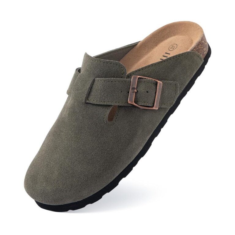 IIITHREE Women's Suede Clogs Cork Footbed Clogs for Women Soft Leather Adjustable Buckle Slip-on Potato Shoes Sandals